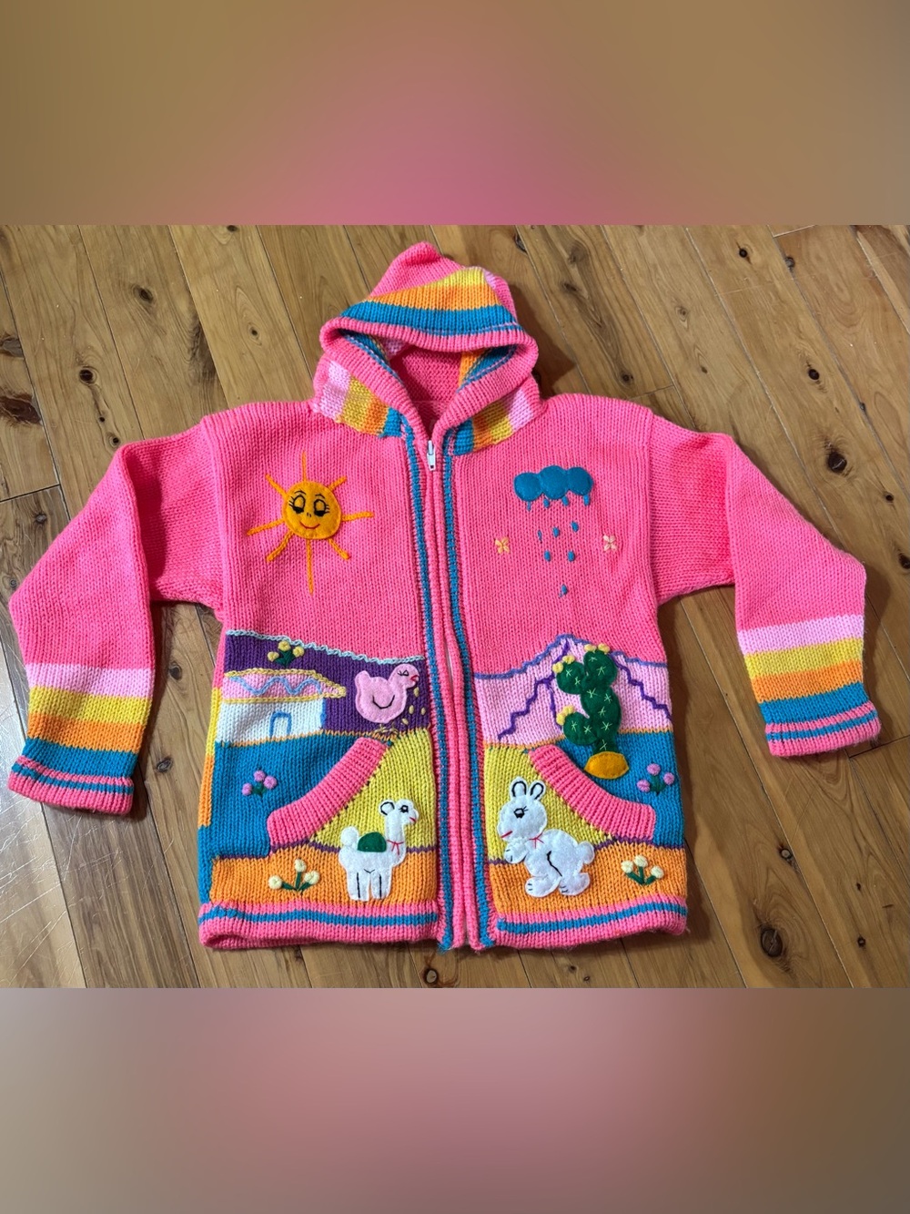 Kid’s Handknit Peruvian Zip Up Hooded Sweater Sz 8 Colorful Animals Landscape